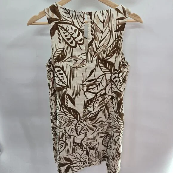 Tahari Ivory Tropical Leaves 100% Linen Sleeveless Pockets Shift Mini Dress XS - Picture 2 of 11